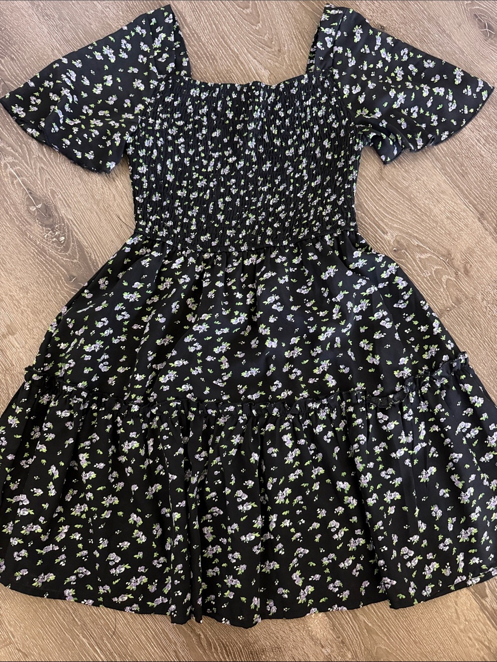 Black and Lilac Floral Smocked Dress